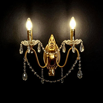 French Vintage Crystal Wall Sconce, Victorian 2-Light Gold Iron Finish, E12 Traditional Candle Style Wall Lamp for Bedroom, Hallway, Living Room, Bathroom Vanity (1-Pack, 2 Light Sources)