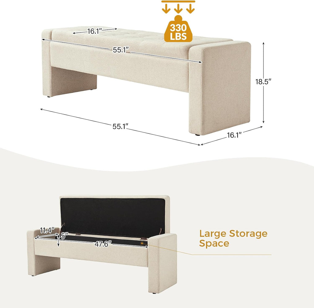 55" Modern Upholstered Storage Bench with Tufted Seat, Fabric Ottoman Bench , or Living Room, Soft Close Hinge,Linen