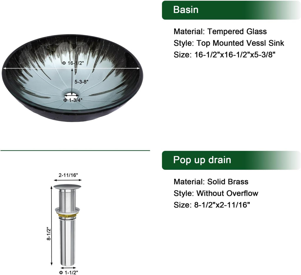 Artistic Vessel Sink Bathroom Vessel Sink Round Brown Tempered Glass Vanity Round Bowl With Pop-up Drain 16-1/2