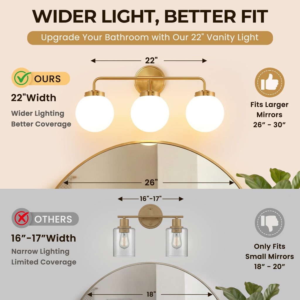 Modern Brushed Gold Vanity Lights , Mid Century 3 Light Bathroom Vanity Light with Globe Milky White Glass Shade Over