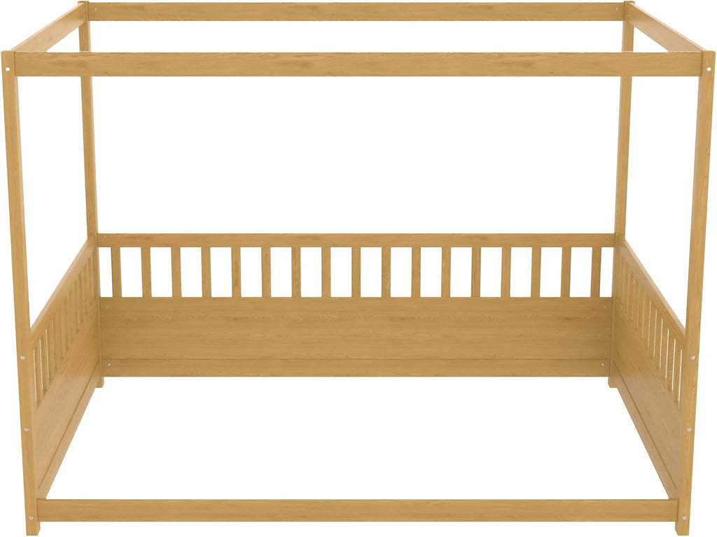 Full Canopy BedFrame, Wood Montessori House Floor Bed, Canopy Platform Bed for Kids, Natural