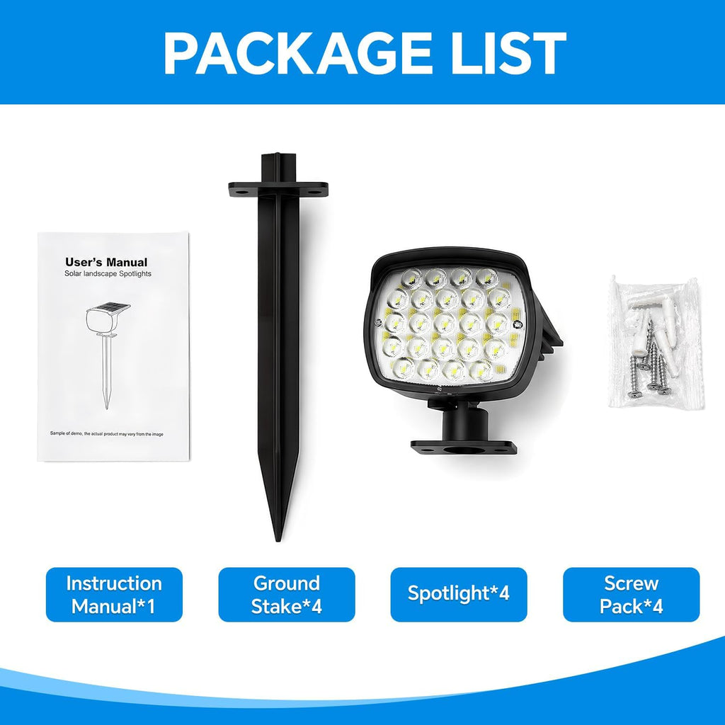 Solar Spot Lights Outdoor, 3 Modes 2-in-1 IP65 Waterproof 4 Pack Spotlights | 58 LED Auto On/Off 120° Adjustable