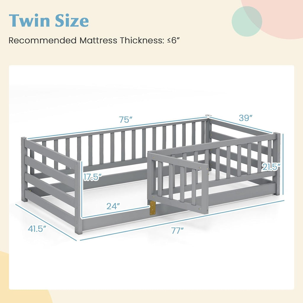 Twin Floor Bed with High Fence & Door, Montessori Floor Bed with 21.5" Safety Guardrails, Solid Wood Twin Beds Frame