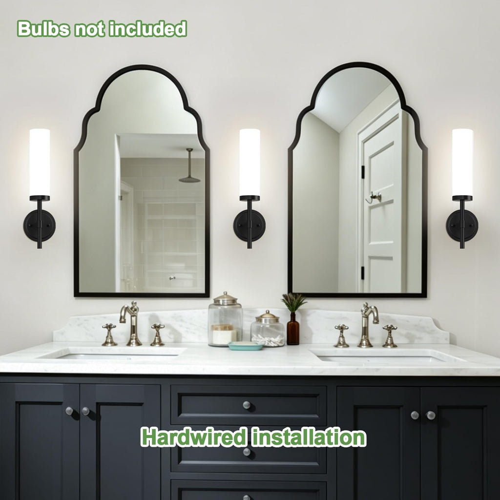 Hardwired] Wall Sconces Set of Two, Matte Black Bathroom Sconces with Milky White Glass, Modern Wall Light Fixtures