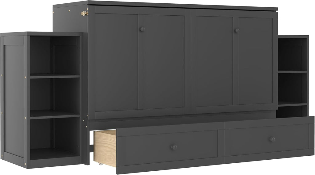 Queen Murphy Bed, Cabinet Bed with 2 Shelves and Storage Drawers, Farmhouse Murphy Cabinet, Noisy Free, for Guest