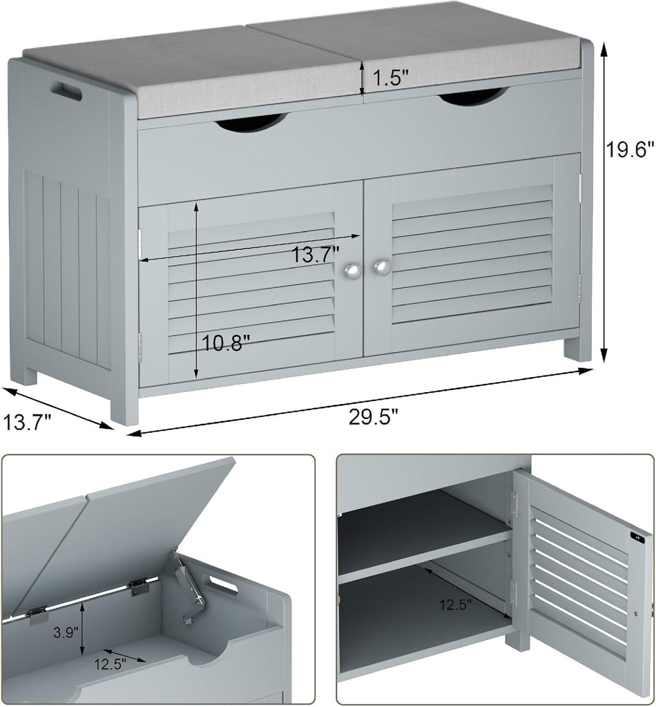 Shoe Storage Bench with Lift Top Storage & Cushioned Seats | 29.5" Entryway Bench with 3 Compartments & Adjustable