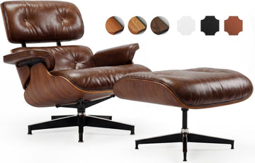 Modern Reading Chair and Ottoman — Walnut Leather