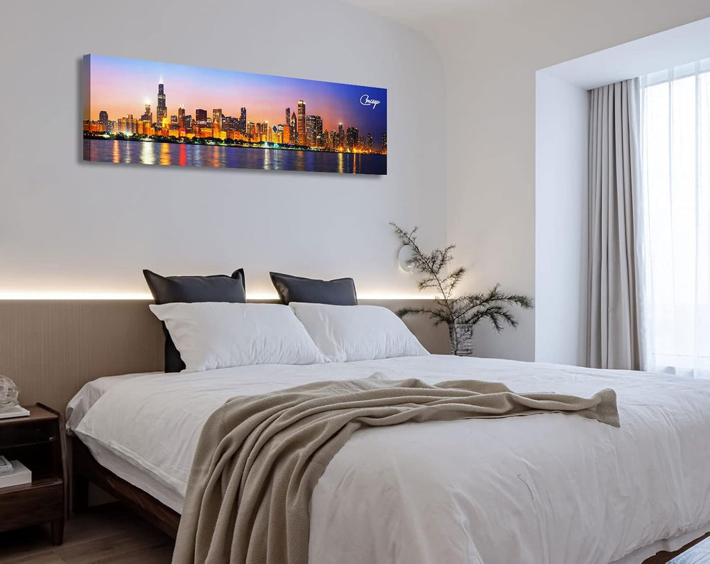 Chicago Skyline Wall Art Canvas Prints, Framed, 13.8"x45.3" | Cityscape USA City Building, Panoramic Night View