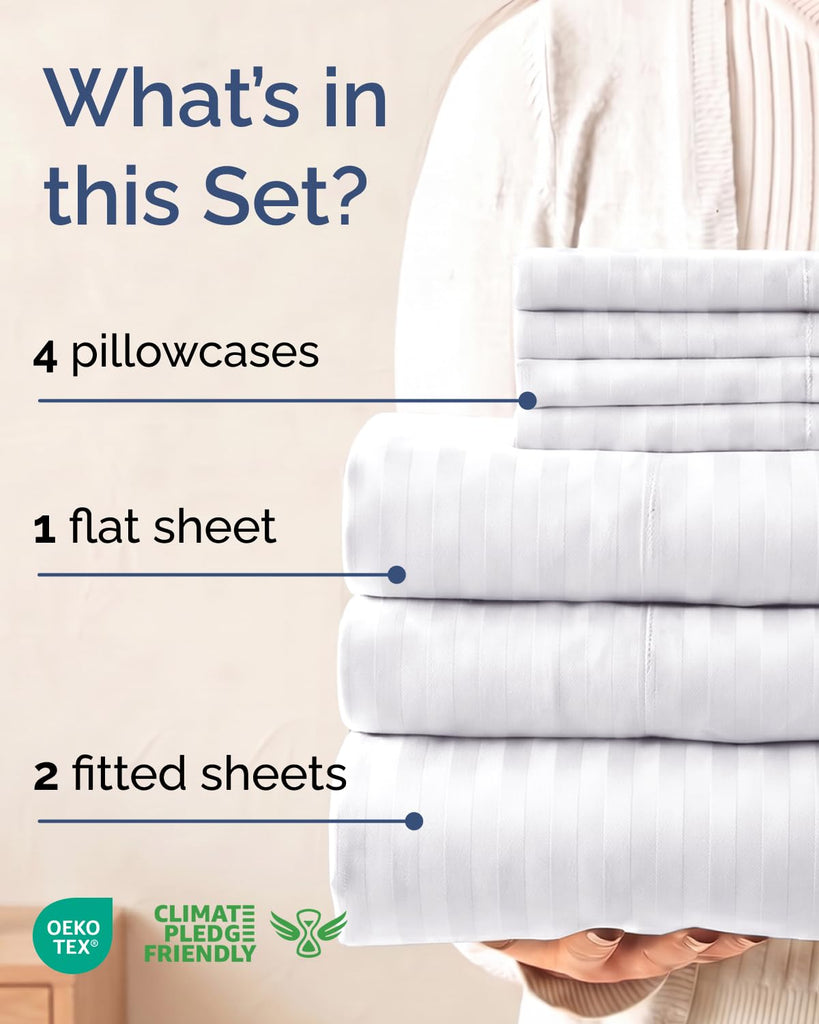 CGK Split King 7pc Bed Sheet Set - Breathable & Cooling - Striped White