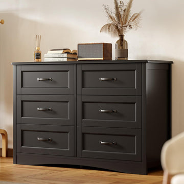 6 Drawer Dresser ,47'' Larger Chest of Drawers with Mental Handle for Kids Room, Black Dresser with 6 Storage Drawers