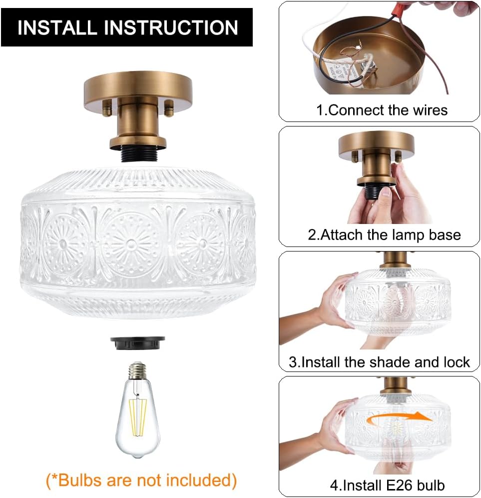 Semi Flush Mount Ceiling Light, Brass Thick Glass Fixture | Thick Glass Shade Creates Soft Warm Glow, Semi Flush