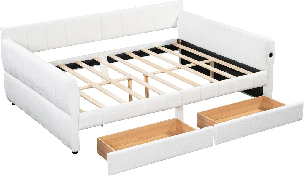 Queen Daybed Frame with 2 Drawers, Lambswool Upholstered Day Bed with USB Ports, Wood Slat Support, No Box Spring