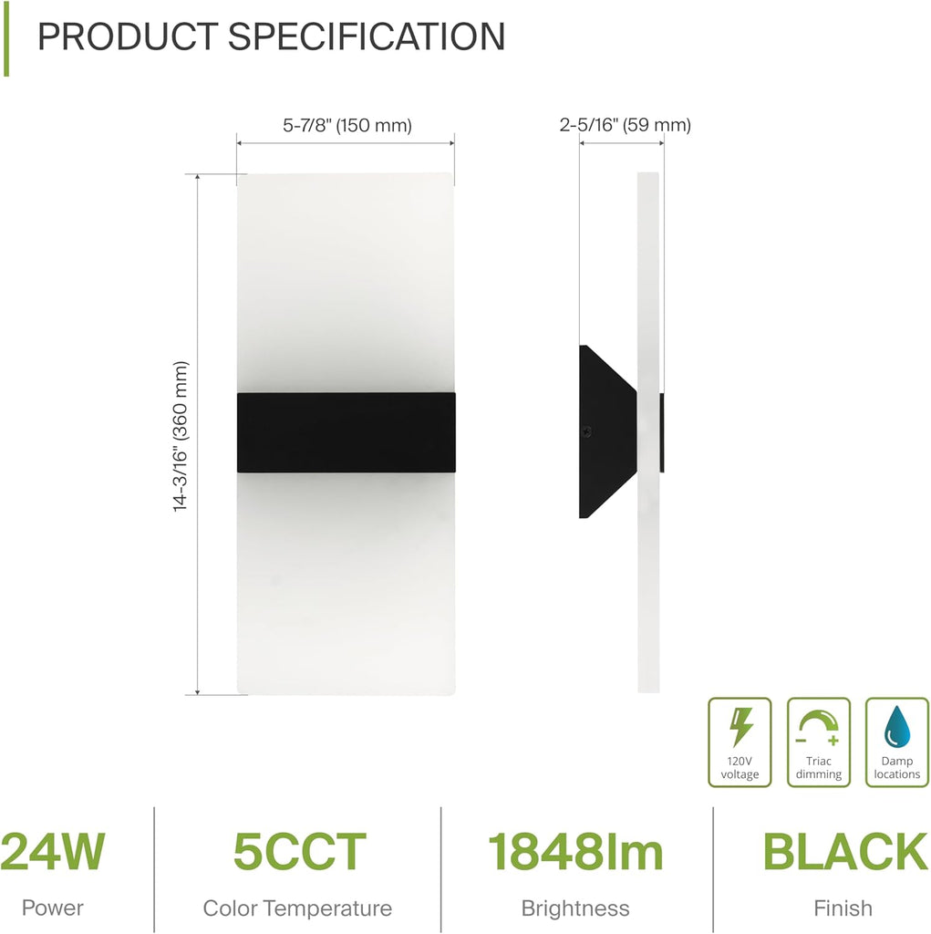 14 Inch Indoor LED Wall Sconce - 24W 2700K-5000K Dimmable Black Wall Sconce Lights - Modern Wall Sconces Hardwired