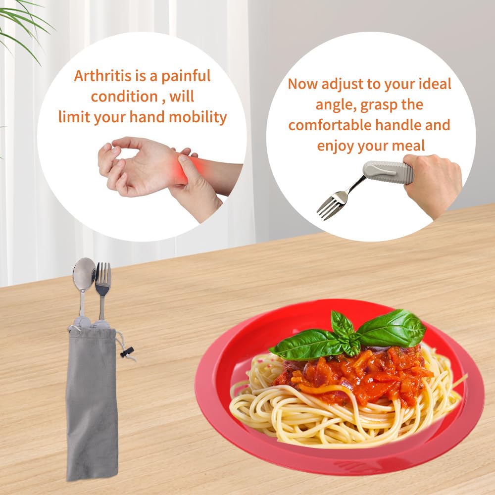Adaptive Utensils Set, Angle Adjustable Arthritis Aid Silverware for Parkinsons, Hand Tremors, with Non-Slip Easy