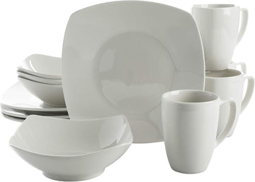 Amelia Court Porcelain Chip and Scratch Resistant Dinnerware set, Service for 4 (12pcs), White (Soft Square)