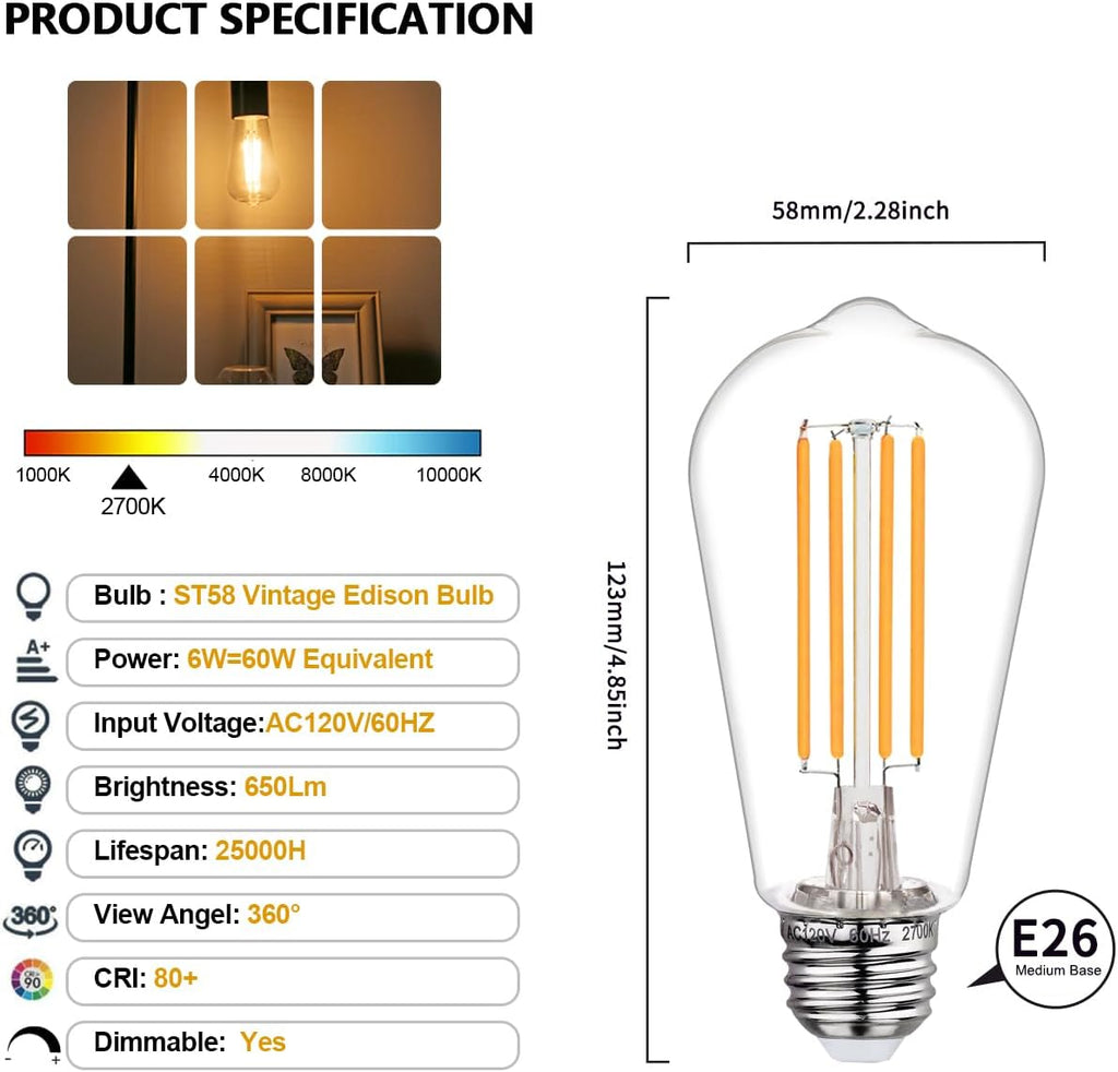 ST58/ST19 Vintage LED Edison Bulbs 60W Equivalent, Warm White 2700K, Dimmable 6W Edison Light Bulbs, 800LM, E26