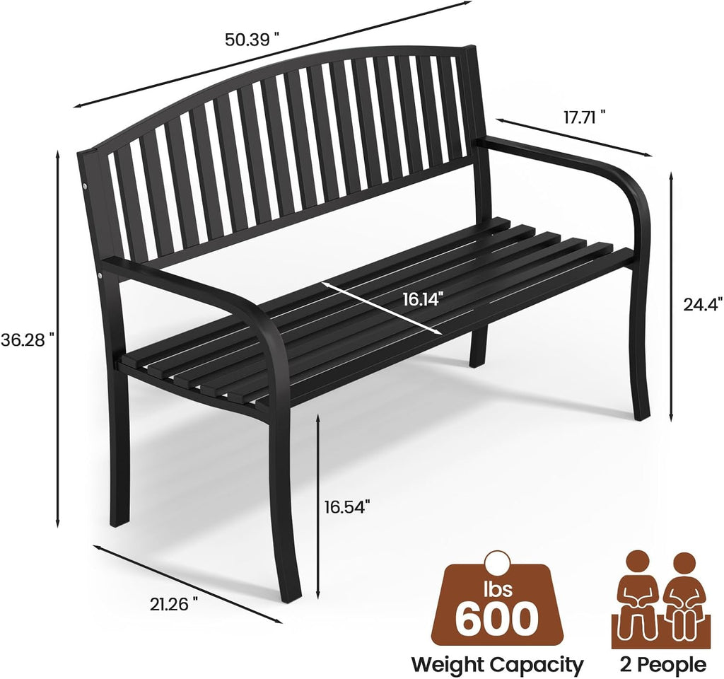 Garden Bench, 50" Outdoor Bench, 660LBS Wrought Iron Porch Bench, Patio Bench with Armrests for Garden Lawn or Yard