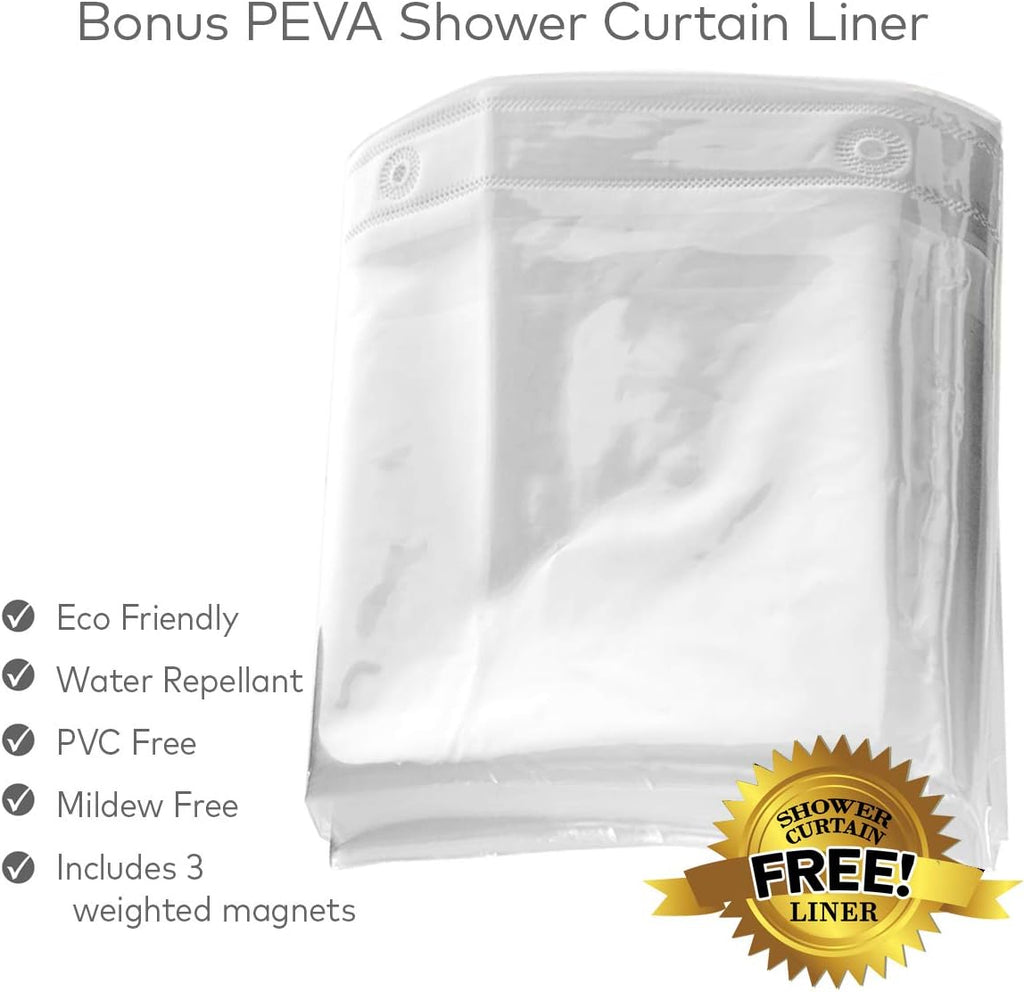 Waffle Fabric White Shower Curtain with Liner Set - Includes Free Clear Liner, Decorative Shower Curtain Set