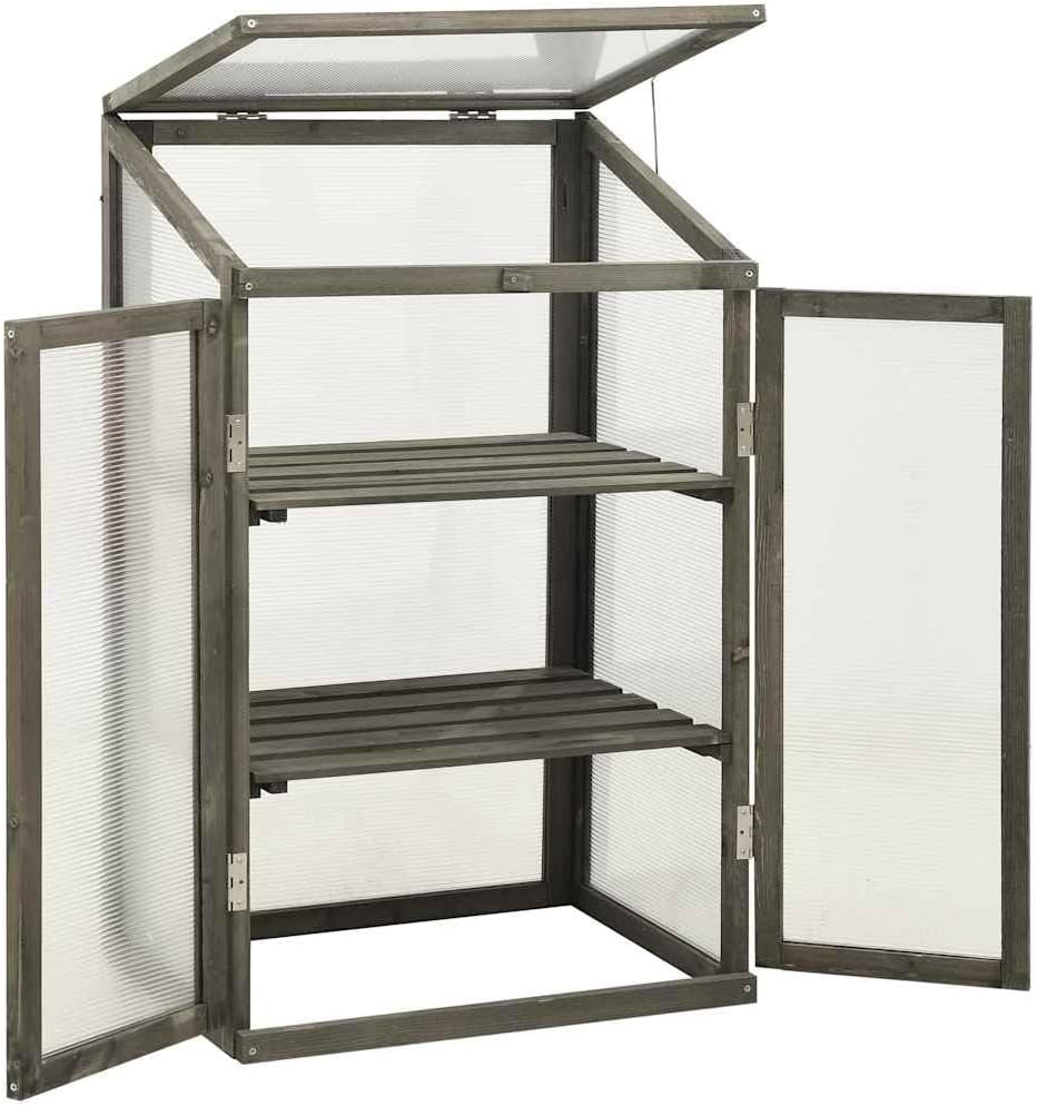 Wooden Garden Greenhouse 23.6 x 17.7 x 39.4 in, Cold Frame Plant House with 2 Shelves and Hinged Lid, Solid Firwood