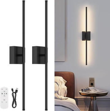 Battery Operated Wall Sconce Set of Two with Remote Control, 3000K-6000K Dimmable Black Wall Lights, Timable LED