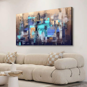 Abstract City Skyline Canvas Wall Art 40x20 Inches Framed Teal Blue Brown Cityscape Wall Decor Wood Frame Waterproof