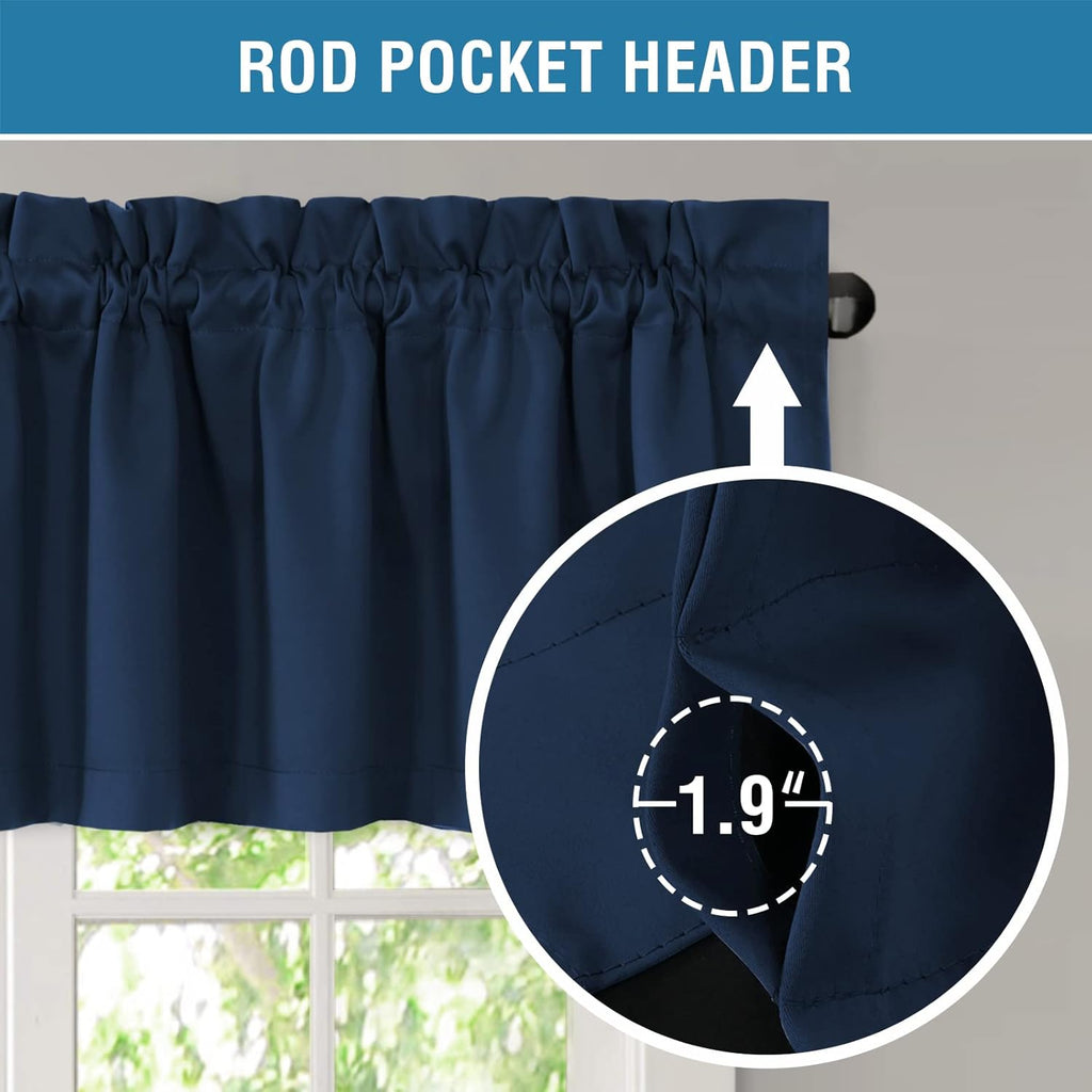 100% Blackout Valances for Windows,Kitchen Valance Set of 2, Small Short Modern Rod Pocket Valances Curtains for Living Room Bathroom Cafe Laundry Basement, 52" x 18", Navy