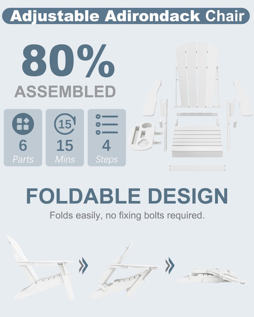 Adjustable Adirondack Chair with Cup Holder, HDPE, White | All-weather HDPE Outdoor Chair with Multifunctional Cup