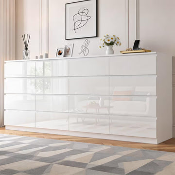 94.5 INCH 16 Drawers with Charging Station, Modern Large with 16 Handle Free Drawers, Wood Chest of Drawers, White