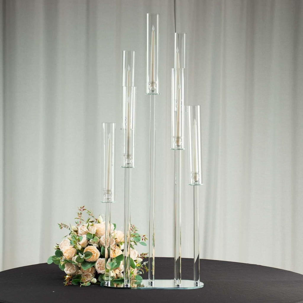 47" Clear Crystal 7-Arm Cluster Wedding Aisle Candlestick Stand with Hurricane Shades, Taper Candle Candelabra Table