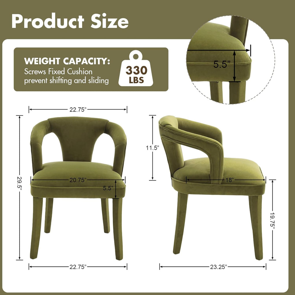 Olive-Green Velvet Dining Chairs Set of 2, Modern Solid Wood Kitchen Chairs