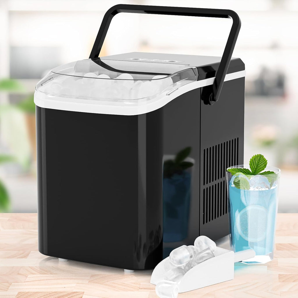 Ice Makers Countertop, Portable Ice Machine with Handle, 6 Mins 9 Bullet Ice Cubes with Basket and Scoop, 26lbs