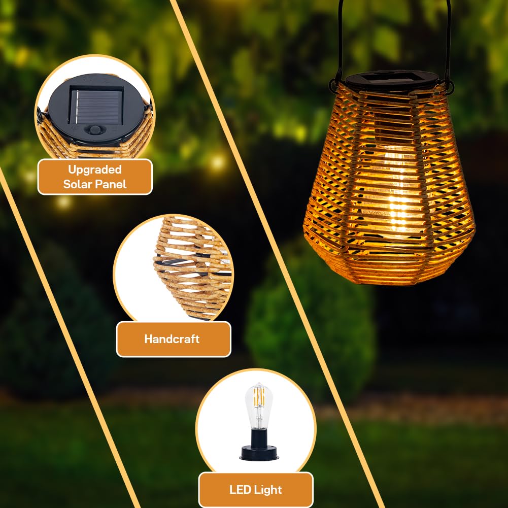 Solar Rattan Lanterns Waterproof 2 Pack, Solar Hanging Lights