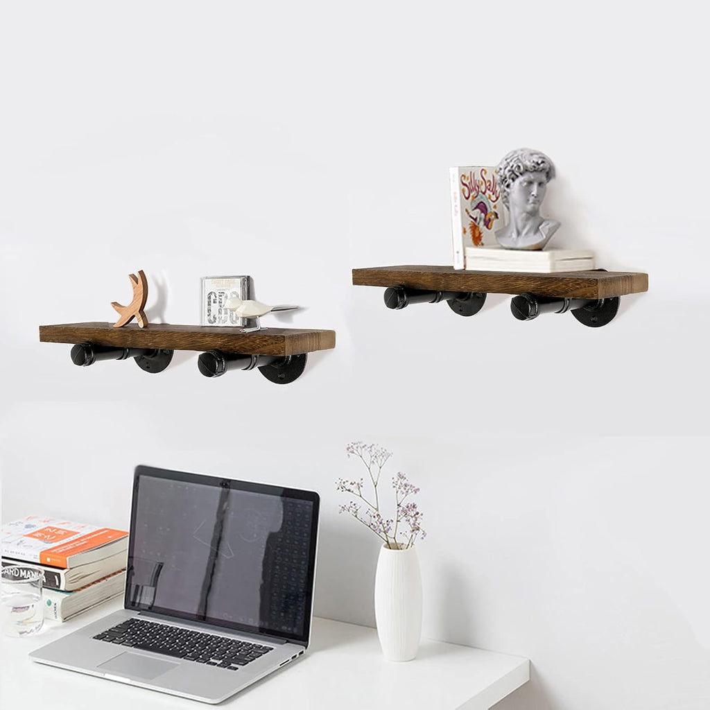 Wall Mounted Floating Shelves, Floating Shelves with Industrial Pipe Brackets Set of 2 Rustic Wood Storage Shelf