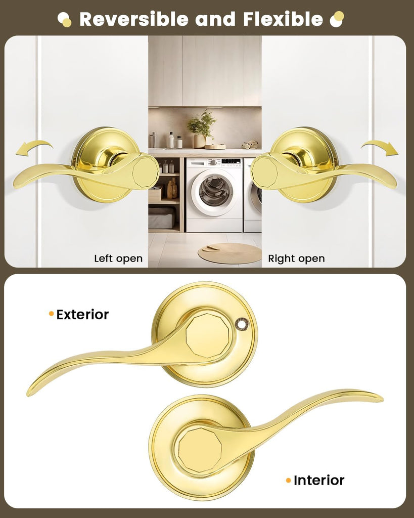 2Pack Wave-Style Closet and Hall Door Locksets Passage Levers in Polished Brass,Reversible Handles for Left Right - Door Lever