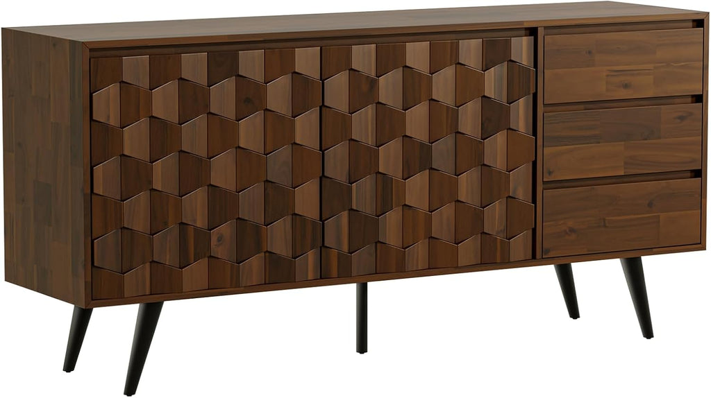 Sideboard Georgina Solid Wood 2 Doors & 3 Drawers, 61'' Mid Century Modern Cabinet with Geometric Pattern for Kitchen