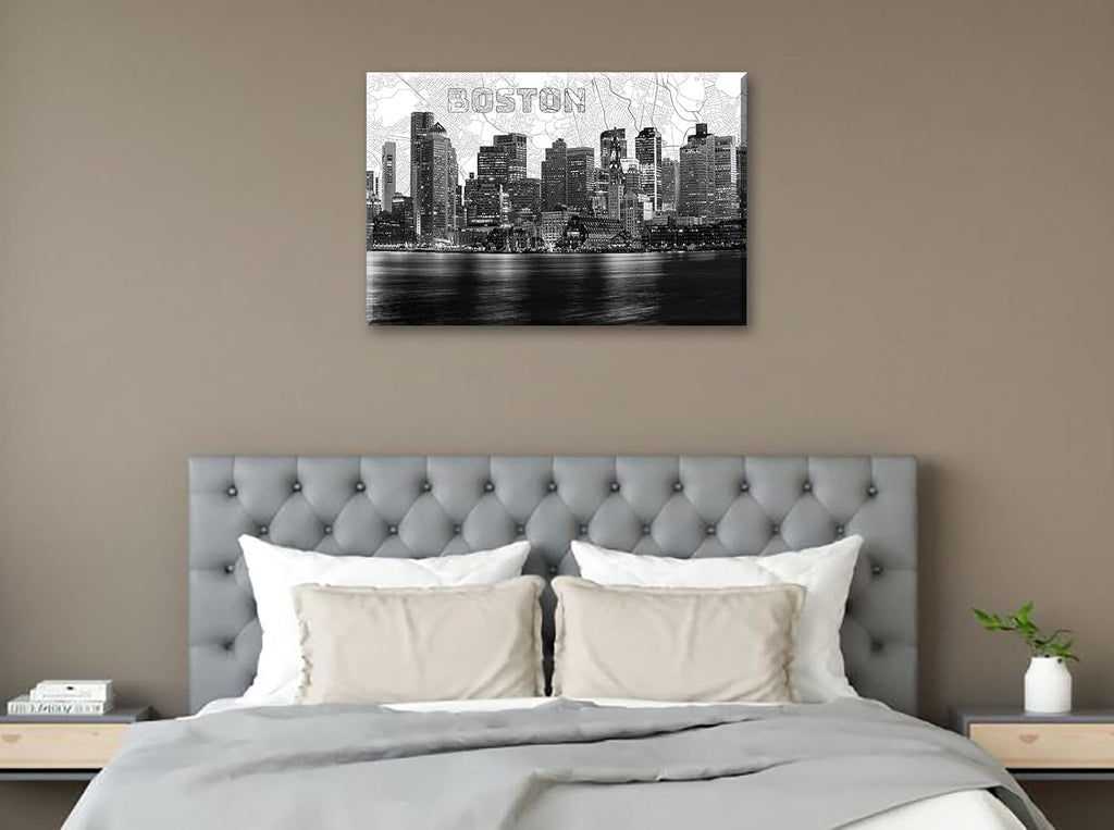 Boston Skyline Canvas Wall Art, 24"x36" Black and White Cityscape with Map Background, Modern Boston City Night View