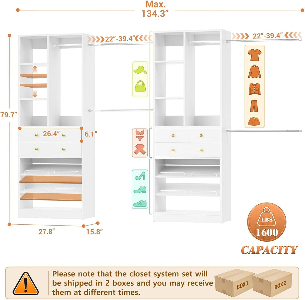 Closet System, Up to 134"/11.2 FT Closet Organizer with 4 Wooden Drawers and Shelves, Walk-in Closet System with 6