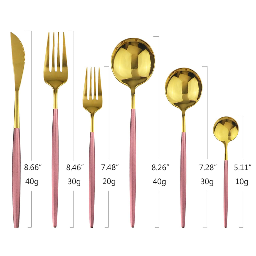 24Pcs Gold Mirror Silverware Flatware With Pink Handle, 18/0 Stainless Steel Cutlery Set Utensils Kitchen Dinnerware