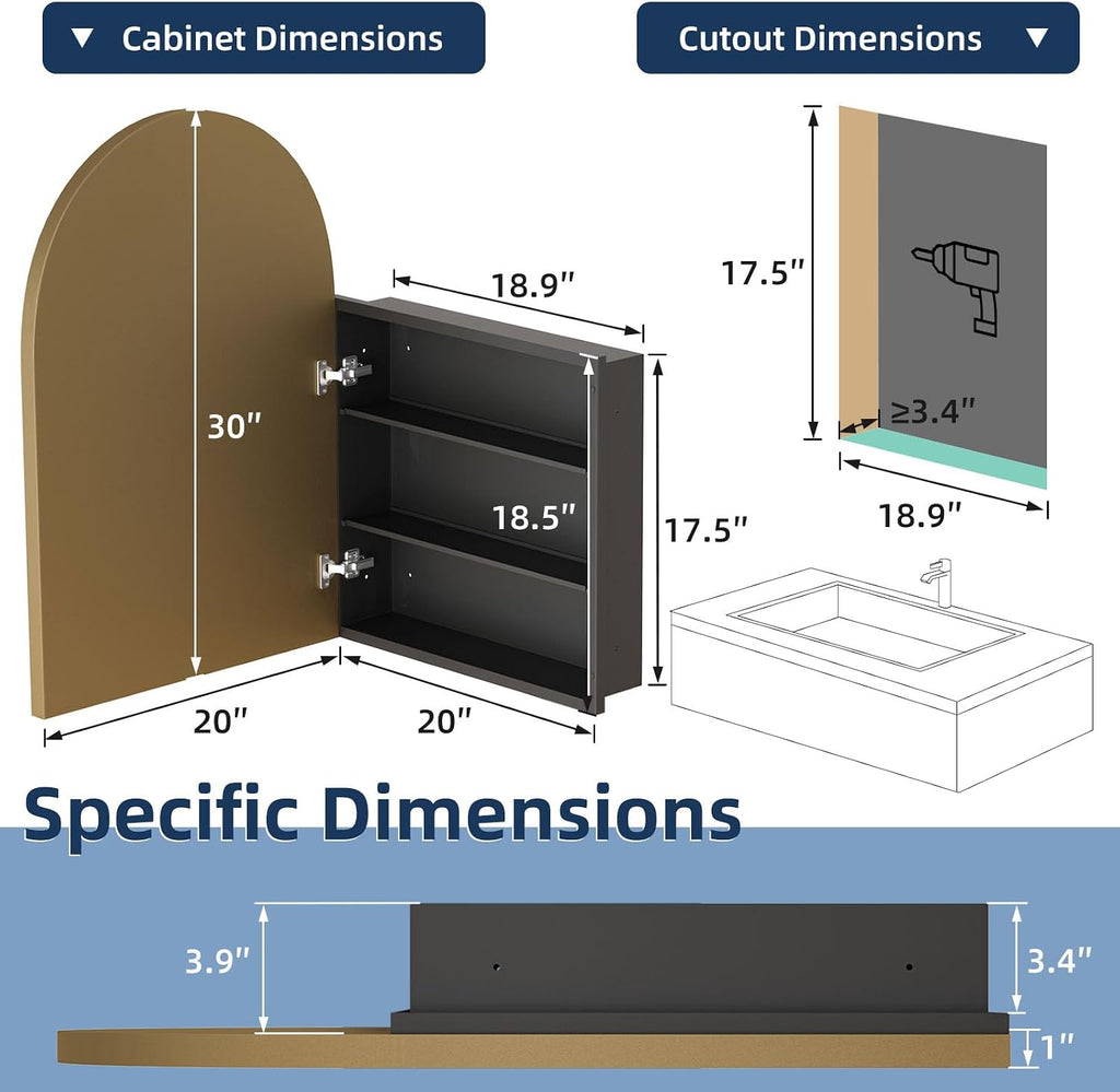 Medicine Cabinets, Gold Arched Medicine Cabinet Recessed or Surface Wall-Mounted,Modern Bathroom Vanity Mirror with