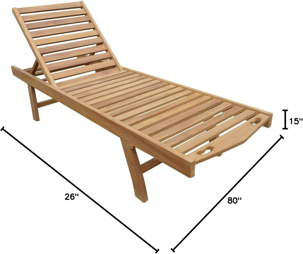 Outdoor Patio Reclining Chaise Pool Lounger Made from Solid Teak Wood