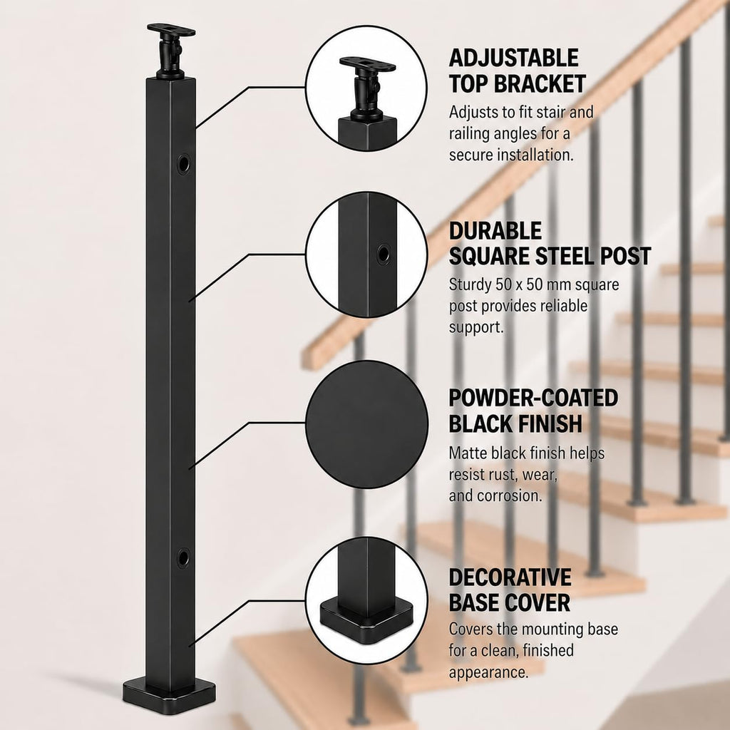 42-Inch Glass Railing Middle Post, 50mm, Black