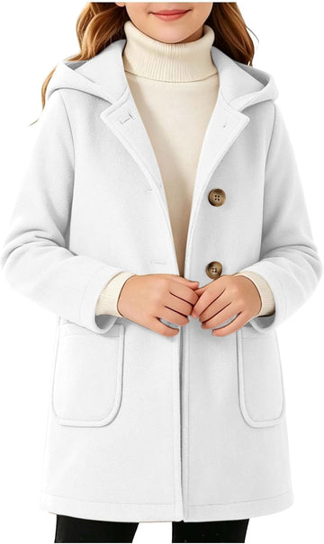 Girls Wool Trench Coat Teens Button Front Outerwear with Pockets