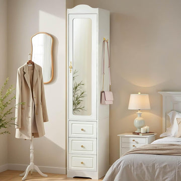 Armoire Wardrobe Closet, White Bedroom Armoires Cabinet with Mirror Door and 3 Drawers, 69.5" H Clothing Storage