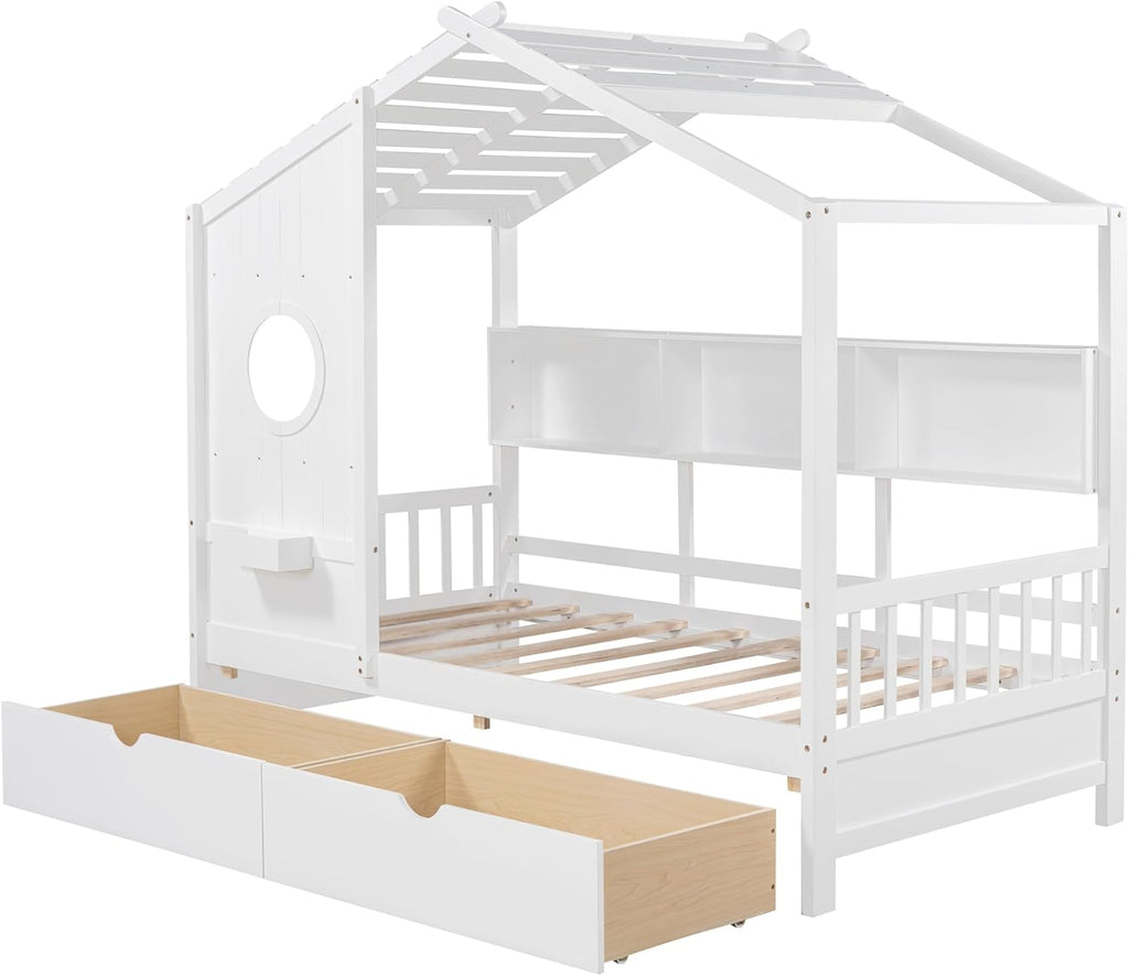 Twin Size House Bed with Storage Drawers,Kids House Bed Frame with Shelves,Cute Wood House Bed Twin with Roof for