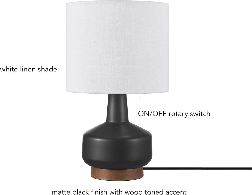 15" Ceramic Table Lamp, Matte Black Base, Wood-Toned Accent, White Linen Shade, Dual Rotary Switch