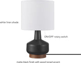15" Ceramic Table Lamp, Matte Black Base, Wood-Toned Accent, White Linen Shade, Dual Rotary Switch