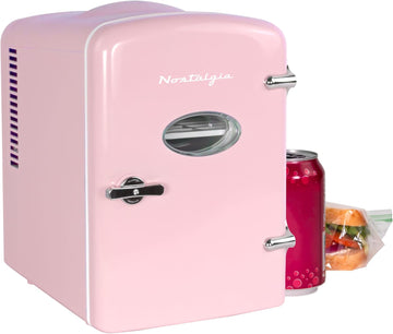 Retro Mini Fridge and Heater - 6-Can Capacity, 12-Volt Power Adapter, Carry Handle and Display Window - Perfect for