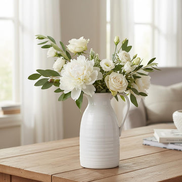 Farmhouse Pitcher Vase for Flowers- Ceramic Pitcher White Flower Vase for Your Kitchen/Home
