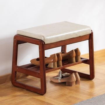 Solid Wood Bench, Entryway Shoe Bench with Cushion, 2 Tier Shoe Storage Organizer (Grey, 21.65''L)