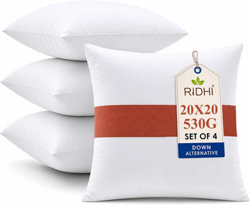 White Throw Pillow Insert - 20 x 20 Inch Down Alternative Pillows for Bed, Sofa and Couch - Fluffy - Set of 4